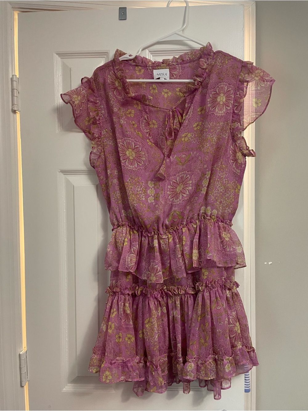 Misa Los Angeles Floral Ruffle Mini Dress in Pink and Gold